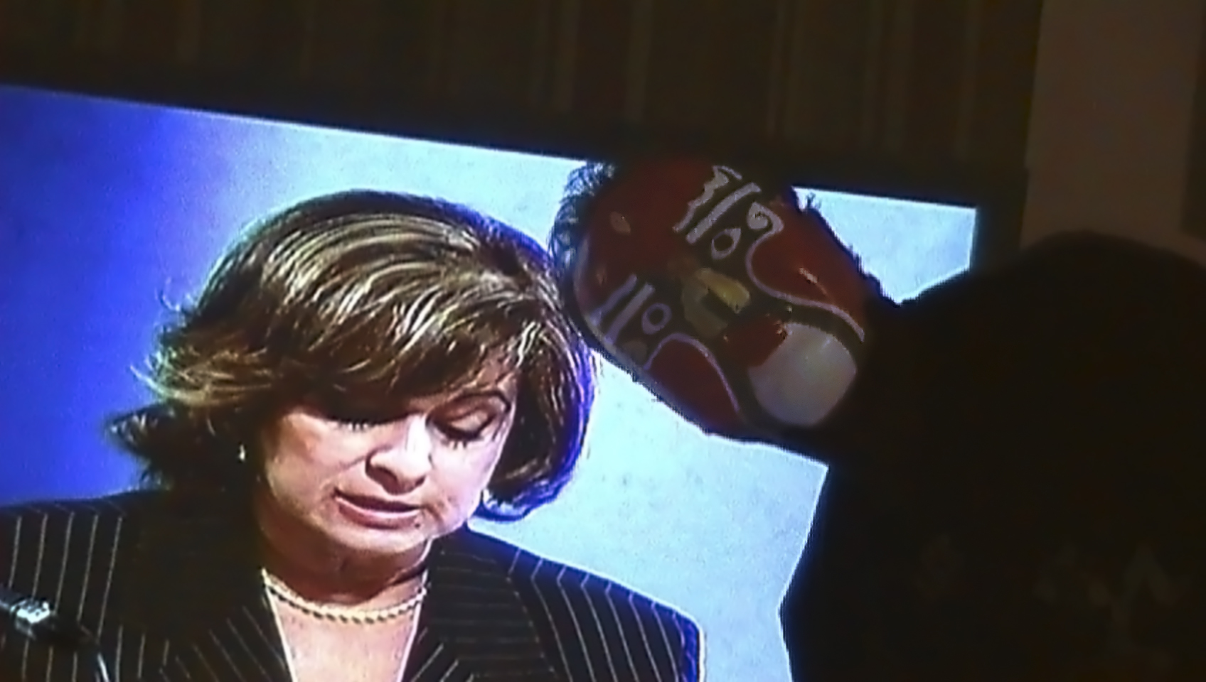 Alfredo with mask in front of politician on TV